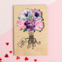 Распродажа! Деревянная открытка "С Днём Рождения!" букет цветов