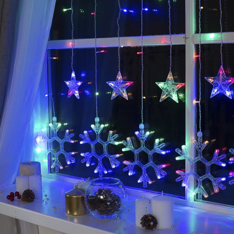 Новогодняя светодиодная гирлянда "Бахрома "Звезды", 6 маленьких звезд + 6 больших Снежинок, разноцветный